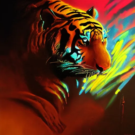 Image similar to a tiger dark and colorful close - up of a sci - fi mecha tiger robot with led lights glowing fog in the background. highly detailed science fiction painting by norman rockwell, frank frazetta, and syd mead. rich colors, high contrast, gloomy atmosphere, dark background. trending on artstation