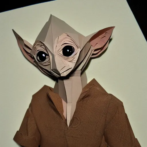 Prompt: cut paper sculpture of dobby the house elf