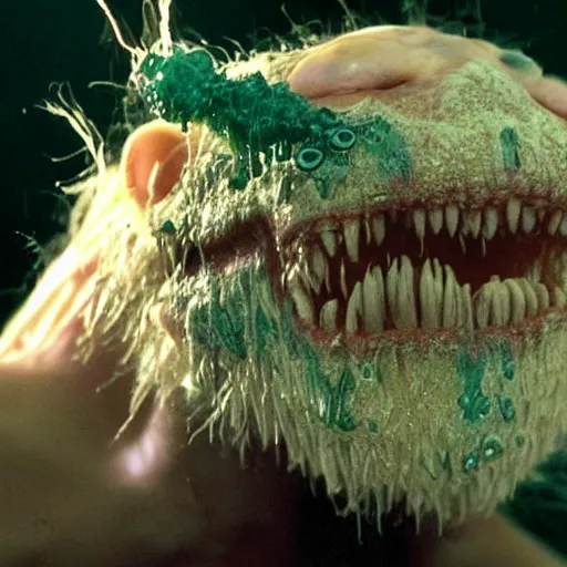 Prompt: a very strange creature made of cronenberg schmutz and drips, skin parts, fuzzy disgusting teeth, saliva nasty