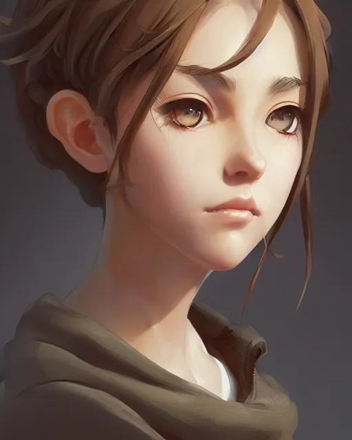 Image similar to potrait bust of young woman archer length light brown hair and hazel eyes, beautiful, symmetrical, anime, ilya kuvshinov, greg rutkowski, guweiz, ross tran, loish, svetlana tigai, artgerm, artstation trending, concept art, digital painting