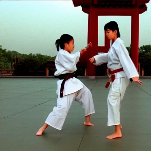 Prompt: a 1 9 9 8 movie still, from a shallow master training a girl karate at a temple in china, 4 k resolution, 8 k resolution, 1 9 9 8 karate movie still