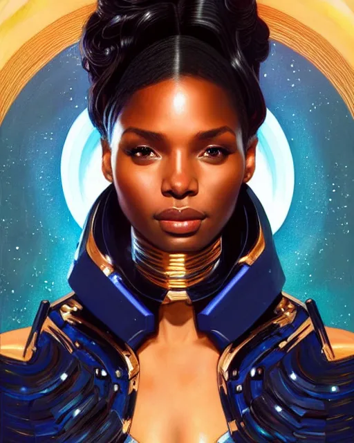 Image similar to Portrait of very very very very very very beautiful black woman, spacesuit, blue eyes, intricate, elegant, highly detailed, digital painting, artstation, concept art, smooth, sharp focus, illustration, real life skin, art by artgerm and greg rutkowski and alphonse mucha