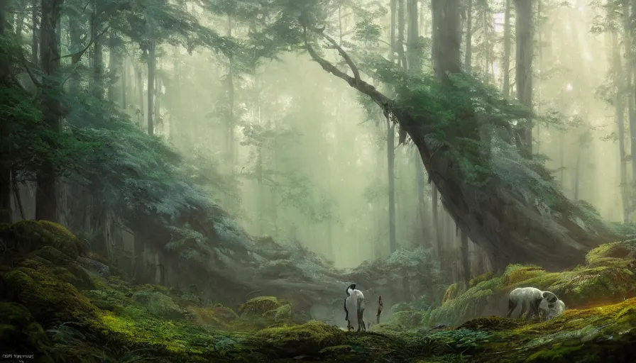 Prompt: beautiful ancient forest, matte painting, beautifully painted, beautiful lighting, enchanted forest, jeremy lipking, studio ghibli, princess mononoke, 8 k, rays of light, amazing detail, princess mononoke background paintings, hayao miyazaki, kazuo oga, enchanted lighting, contrast, rule of thirds