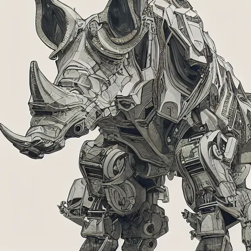 Image similar to portrait of a robotic rhino mecha elegant, concept art, intricate complexity, by shigenori soejima, krenz cushart, alphonse mucha, takato yamamoto, conrad roset, 4 k, beautiful, cinematic dramatic atmosphere, volumetric lighting, highly detailed, perfect, fine details, realistic shaded, fine,