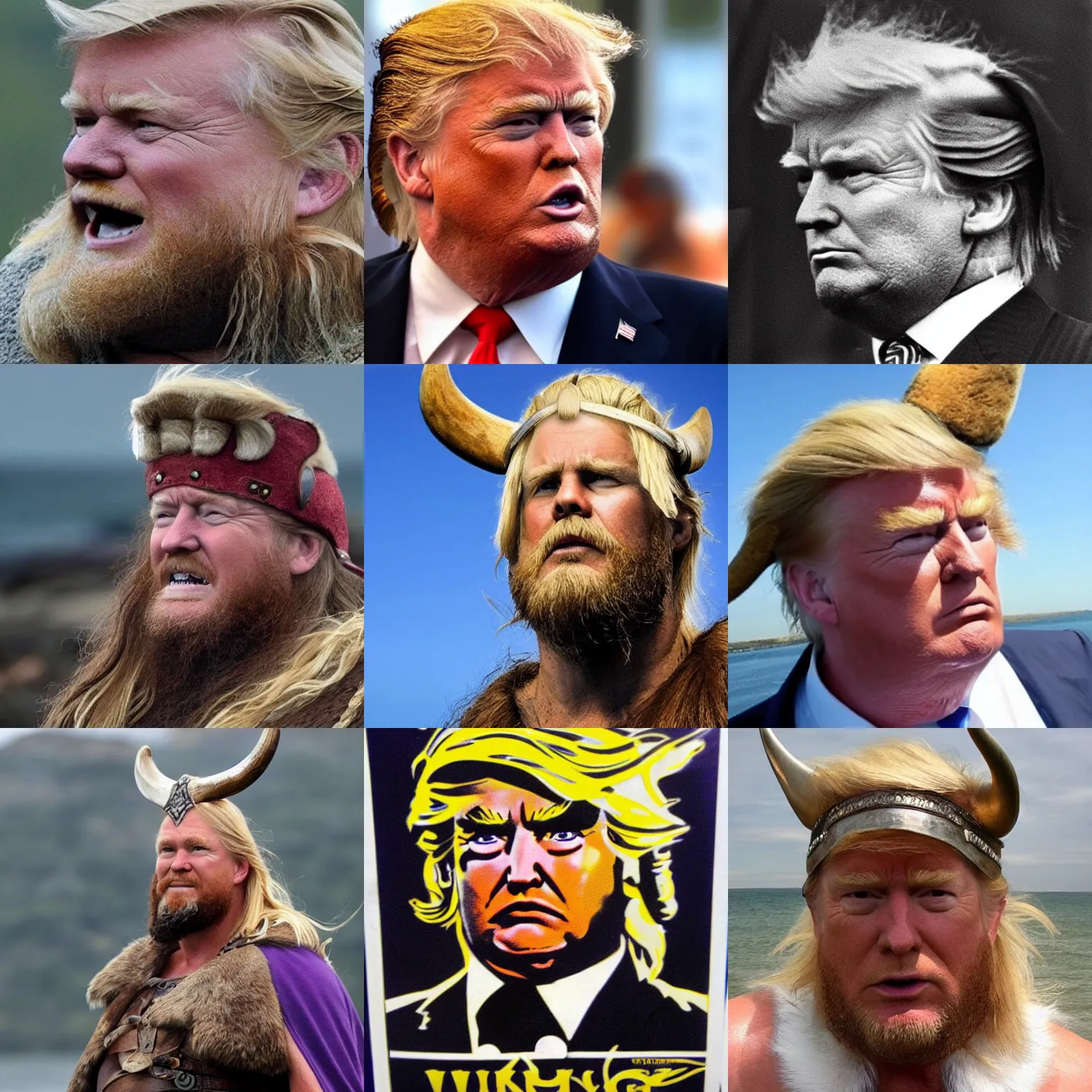 Prompt: a viking looking like donald trump on sea