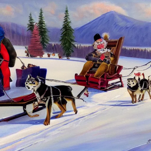 Prompt: Painting of a sled with a man on it being towed by huskies in the style of Ted Harrison, 8K