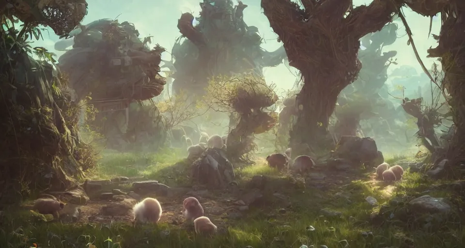 Image similar to ultra realistic cute guineapigs everywhere, by simon stalenhag, frank frazetta, greg rutkowski, beeple, yoko taro, christian macnevin, wlop and krenz cushart, epic fantasy character art, volumetric outdoor lighting, midday, high fantasy, cgsociety, cheerful colours, full length, exquisite detail, post - processing, masterpiece, cinematic