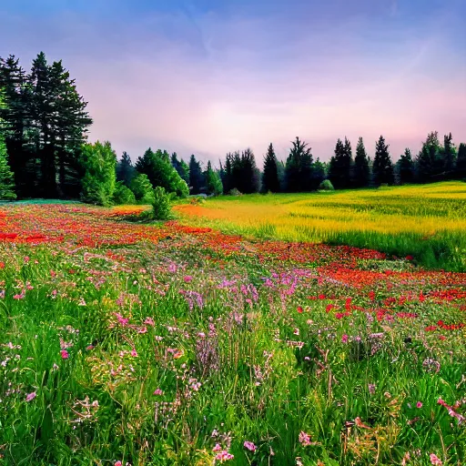 Image similar to An idyllic meadow, with wildflowers blooming and a gentle breeze blowing, peaceful and serene.