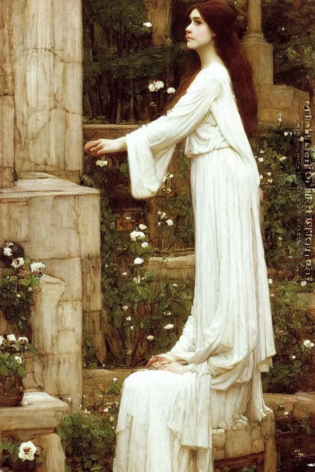 Image similar to beautiful woman in white robes by john william waterhouse, preraphaelite style