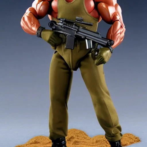 Image similar to a 12 inch action figure of Arnold Schwarzenegger from Commando. Posed. Big muscles. Holding an automatic rifle in his hands. Plastic shiny. Full body feet and head