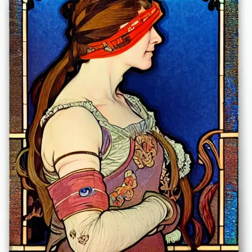 Prompt: beautiful detailed side - view portrait of philippa eilhart, a blindfolded woman, red and orange blindfold, brown pigtails, stained glass art, blue background, by alphonse mucha, masterful