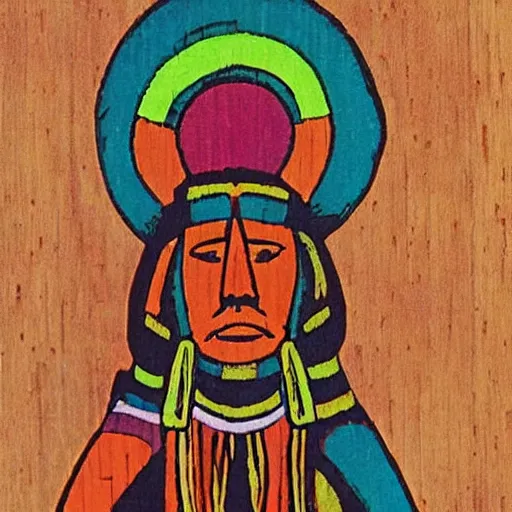 Image similar to colorfull woodcut, statue, character, by hopi indians