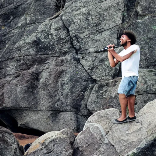 Image similar to dwayne jonson standing on a rock and singing in a rock concert