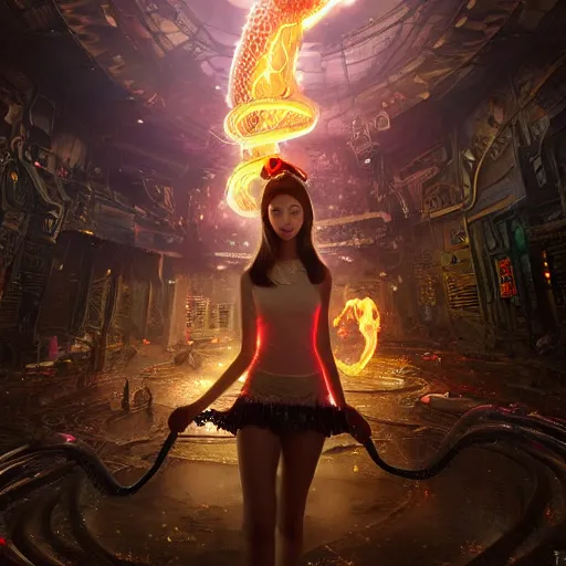 Image similar to a girl like yoona, in a glowing skirt, wearing cybernetic bunny ears, casting fire spell in shape of a snake, in the middle of round ruins, background cyberpunk spaceship, full shot, photo, geometries, Fibonacci, volumetric lighting, epic composition, intricate details, dark neon punk, by denis villeneuve , Greg Rutkowski and Alphonse Mucha