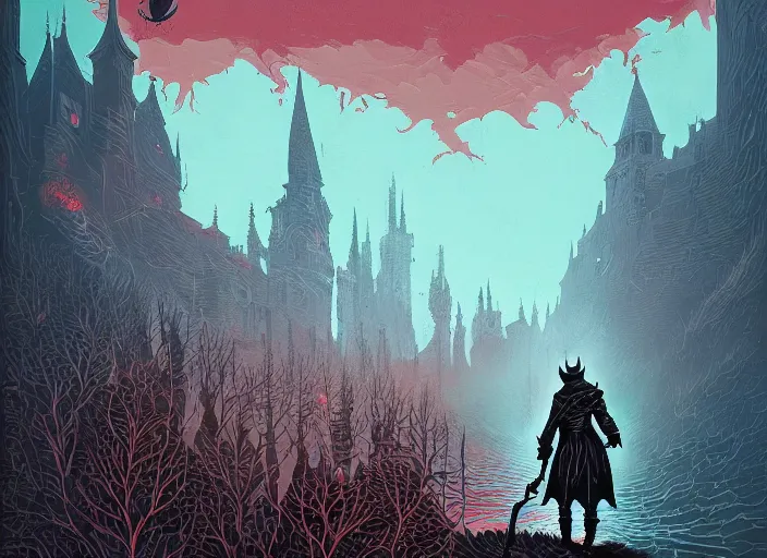 Prompt: bloodborne kingdom by android jones and petros afshar, tom whalen, james gilleard