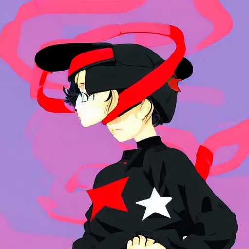 Image similar to 1 5 - year - old french anime girl, black beret with red star, black t - shirt with red star, black shorts, rollerblading, rollerskates, four humanoid bears, 2 0 0 1 anime, flcl, jet set radio future, golden hour, japanese town, cel - shaded, strong shadows, vivid hues, y 2 k aesthetic