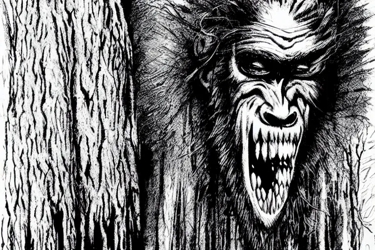 Image similar to mad bigfoot screaming in the woods artwork by ben templesmith