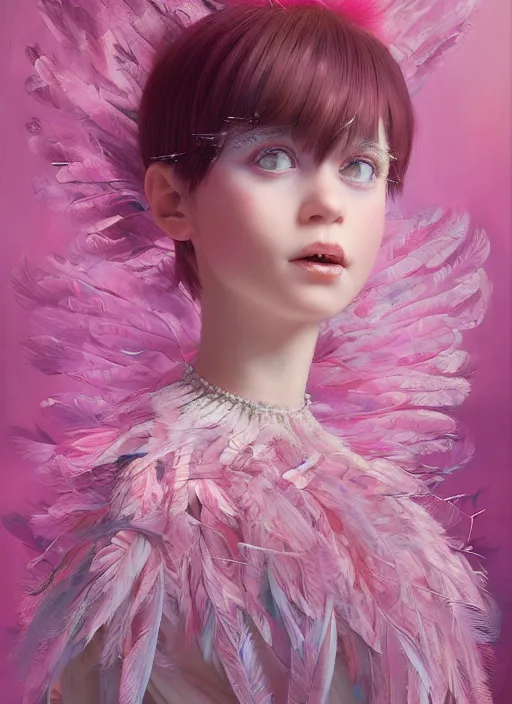 Image similar to beautiful little girl with an pink eccentric haircut wearing an dress made of feathers dancing on stage, artwork made by ilya kuvshinov, inspired in donato giancola, hd, ultra realistic, reflection, flowers, light, realistic face