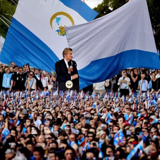 Image similar to Lady Gaga as president, Argentina presidential rally, Argentine flags behind, bokeh, giving a speech, detailed face, Argentina