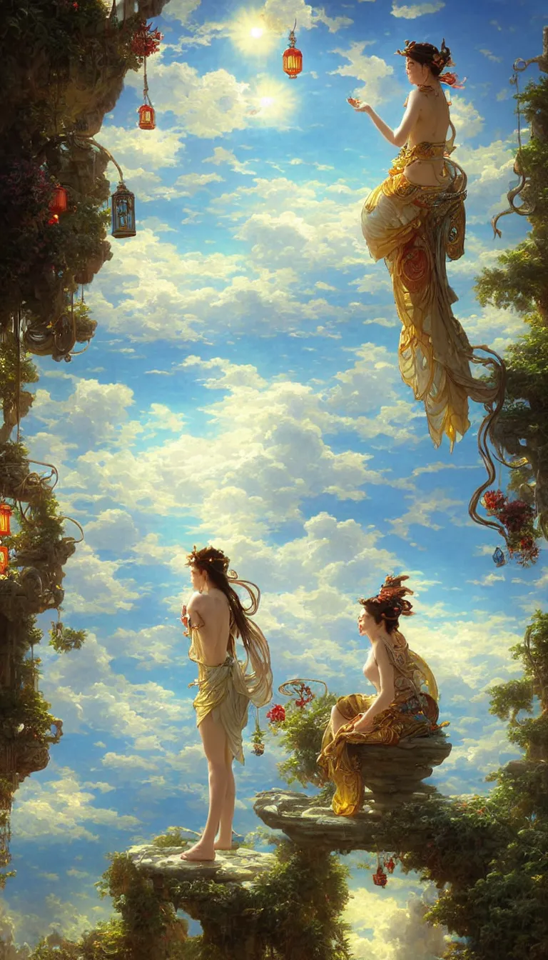 Image similar to wind deity enjoying the view from his stone heavenly palace, decorated with windchimes and paper lanterns, stunning nature and clouds in background, digital art, stanley artgerm lau, greg rutkowski, thomas kindkade, alphonse mucha, loish, norman rockwel