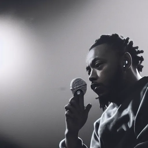 Image similar to side angle of kendrick lamar rapping into a microphone, smoke in the background, night time, 4 k