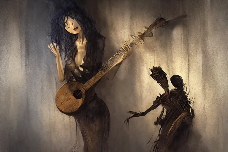 Image similar to an empty brutalist chamber, lonely, somber, a cursed carved wooden lute, oud, guitar designed by brian froud and hr giger leans against the wall alone, abandoned. a thin wisp of smoke rises from the lute. late afternoon lighting cinematic fantasy painting by jessica rossier