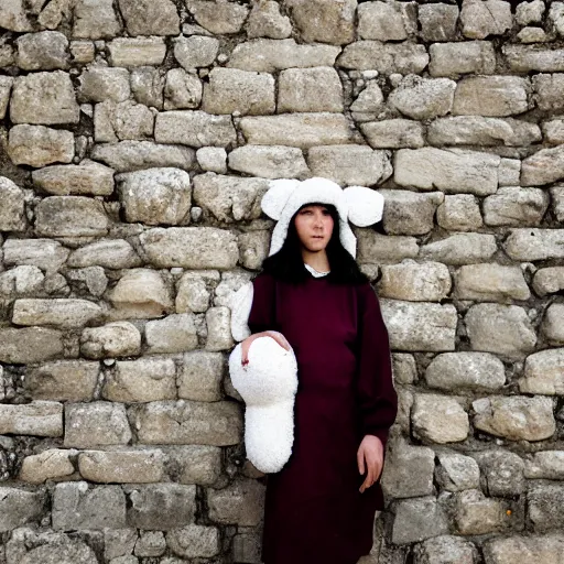 Prompt: portrait, woman, age 2 0, in a sheep costume, outside, stone wall in background, street photography by steve mccurry, 5 0 mm f / 1. 4