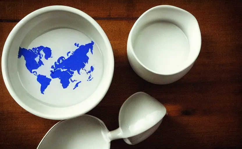 Prompt: “cereal bowl, with countries floating on the milk, each country has a soldier shooting at the other countries”