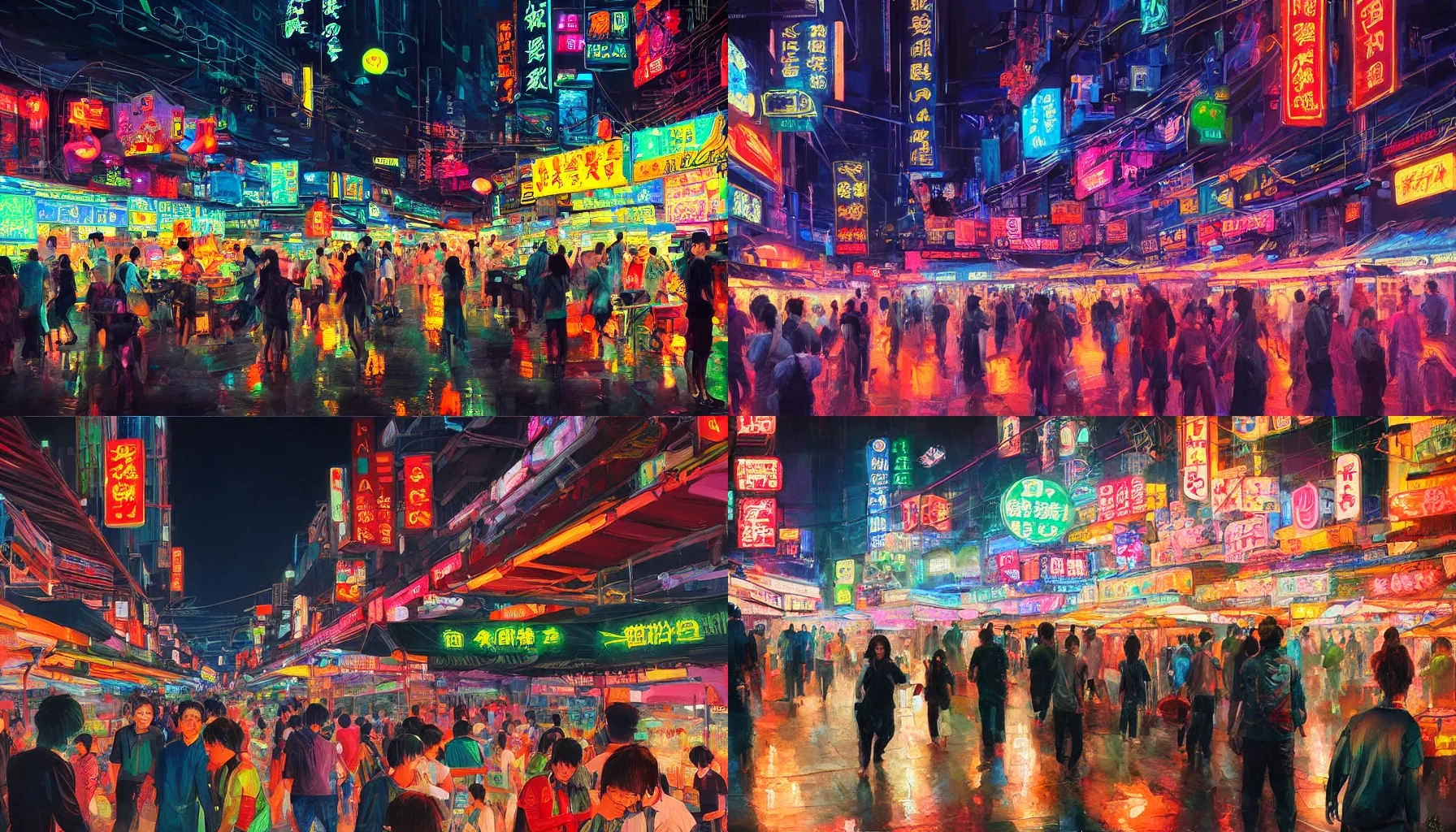 Prompt: a beautiful painting of a bustling cyberpunk night market, neon lights, Feng Zhu, digital art