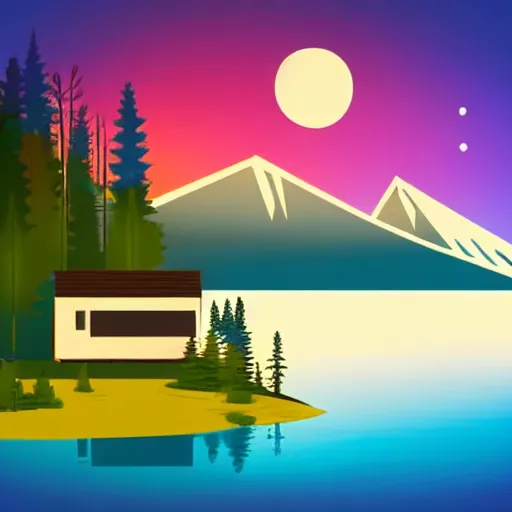 Prompt: small sci - fi cottage at the edge of a lake in the mountains, retro illustration on parchment, soft glowing windows, early evening, reflections, pine trees,