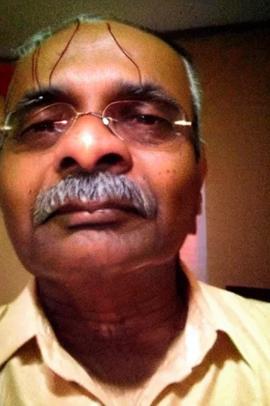Image similar to my Indian dad accidentally taking a selfie with the front camera, squinting because the camera flash is so bright in his face