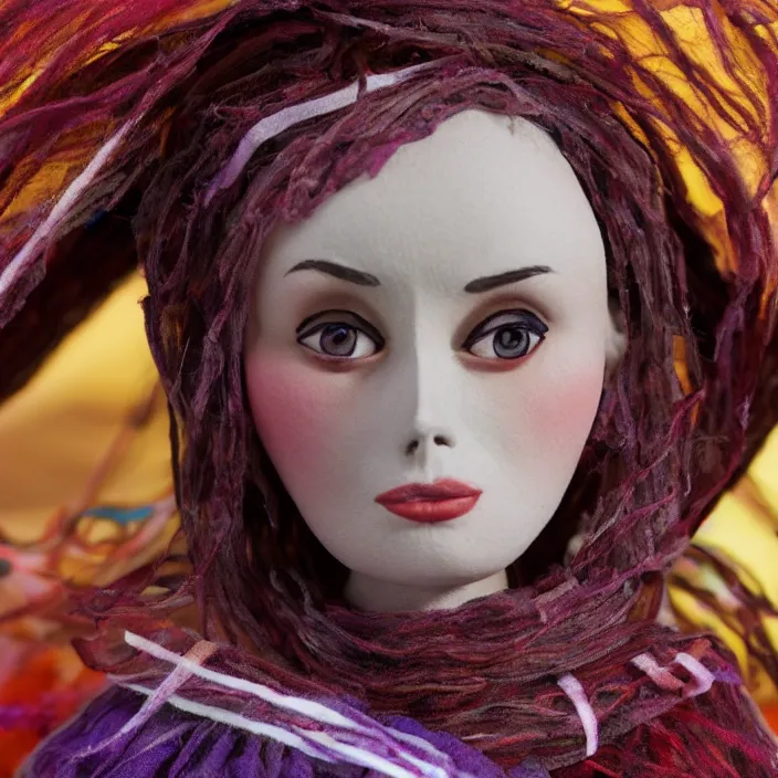 Prompt: a closeup portrait of a woman wearing a cloak made of ribbons, standing next to an empty swing playground, stop motion animation, claymation, anomalisa, 8 k, medium - format print