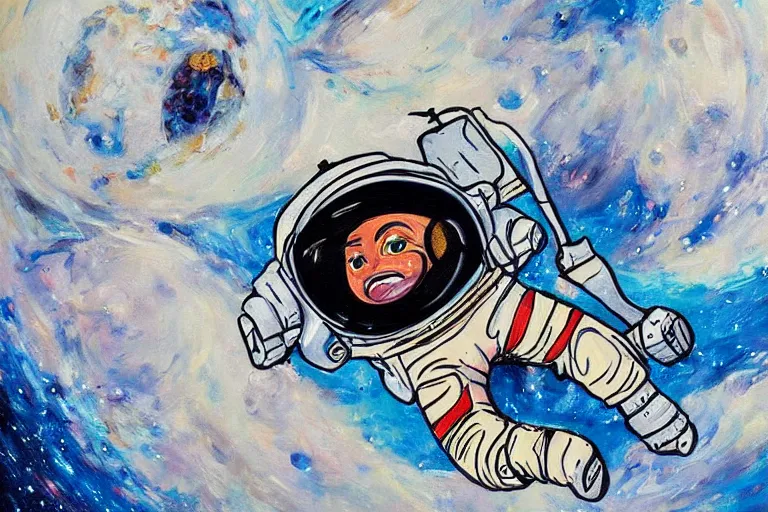 Image similar to A painting of an astronaut laying on the moon, in the style of Flooko, acrylic art, detailed,