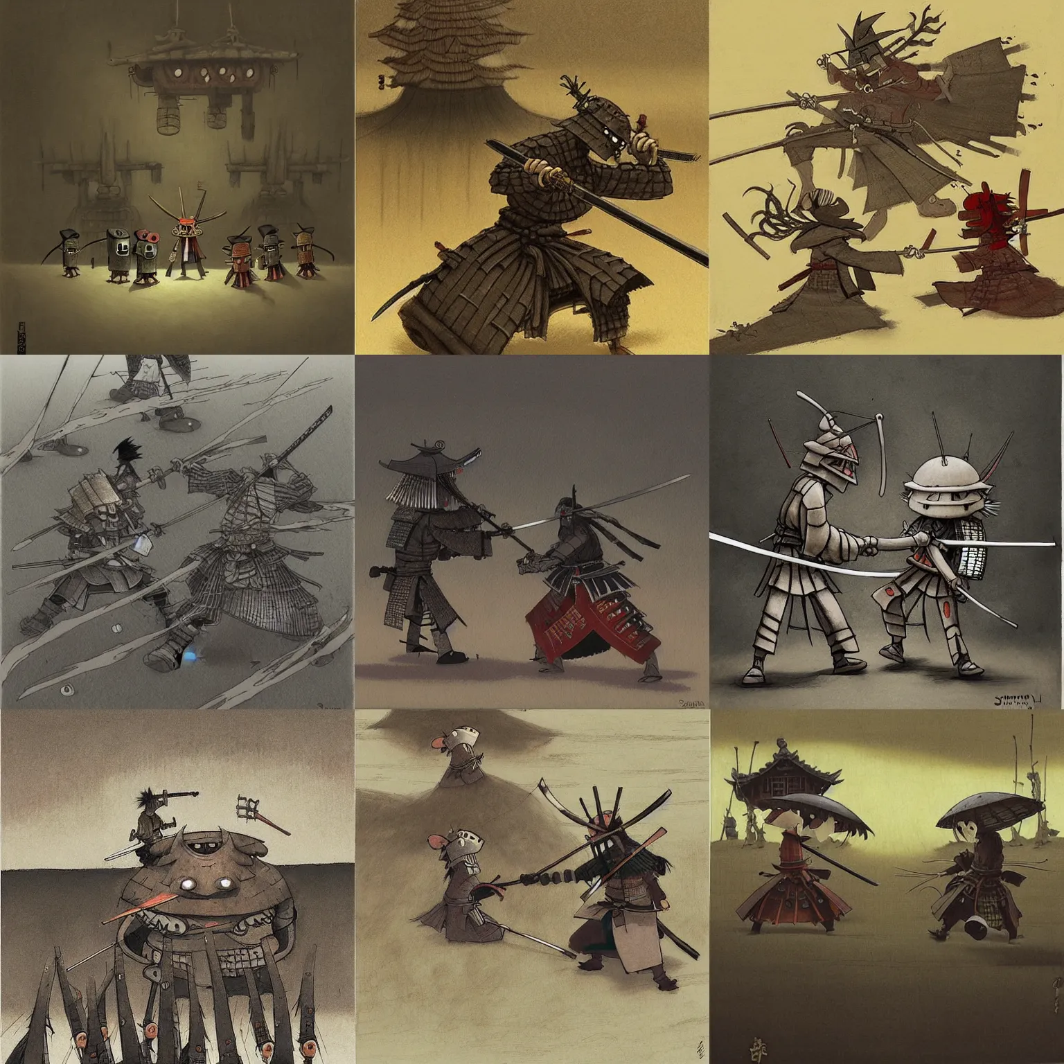Prompt: samurai battle by shaun tan, style of john kenn mortensen, style of yoshitaka amano