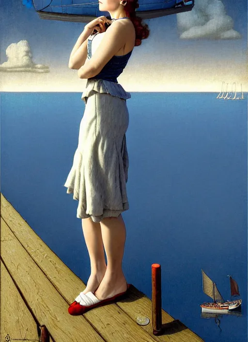 Image similar to a fancy beautiful young lady standing on a wharf at the edge of the sea by rob gonsalves and brom and gil elvgren and george petty and hilo chen and norman rockwell, crisp details, hyperrealism, high detail, high contrast, low light, grey mist, cobblestones, dim lantern