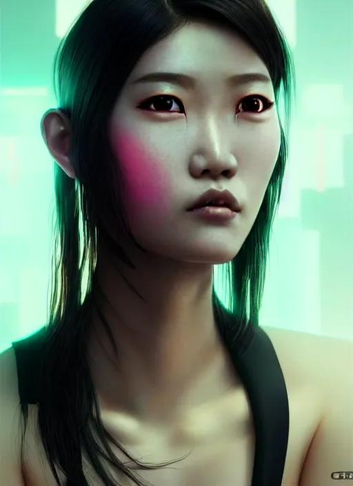 Image similar to photorealistic portrait of asian female humanoid, freckled skin, cyber neon lightings, highly detailed, cyberpunk high fashion, elegant, crispy quality, trending in artstation, trending in pinterest, glamor pose, no signature, no watermark, cinematic, octane render, art by artgerm, art by greg rutkowski, art by pascal blanche