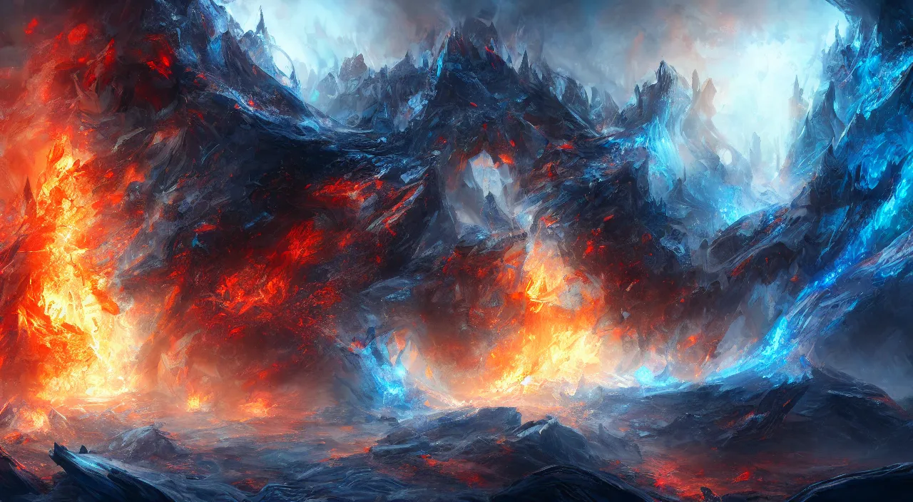 Image similar to Kingdom of fire and ice, breathtaking, mixed media, digital art, trending on artstation, deviantart, 8k, epic composition, intrinsic details, AAA graphics