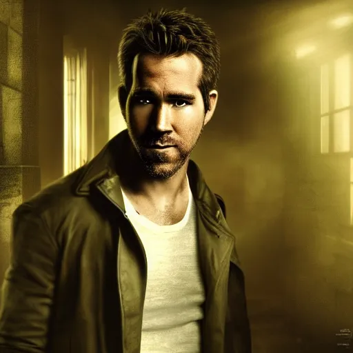 Image similar to a portrait of a Ryan Reynold as a John constantine, DC ,Grim fantasy, superheroes , HDR, natural light, shoulder level shot, dynamic pose, award winning photograph, Mucha style 4k,