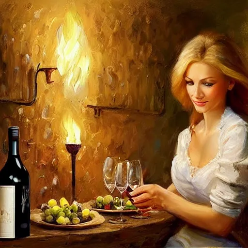 Image similar to wine cellar full of food, torches on the wall, schnapps, romantic, inviting, cozy, blonde woman, painting Vladimir Volegov