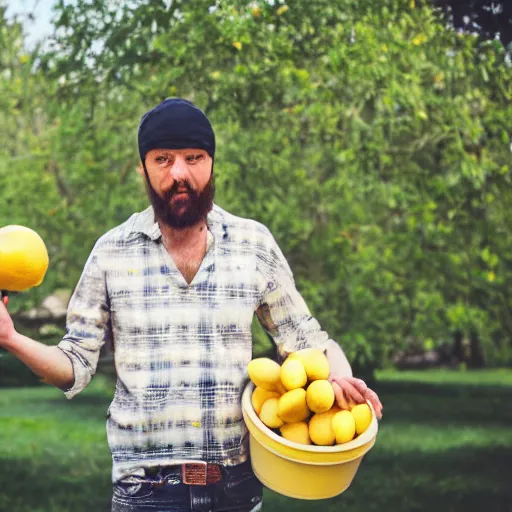 Prompt: A photograph of a confused man holding up a bucket of lemons