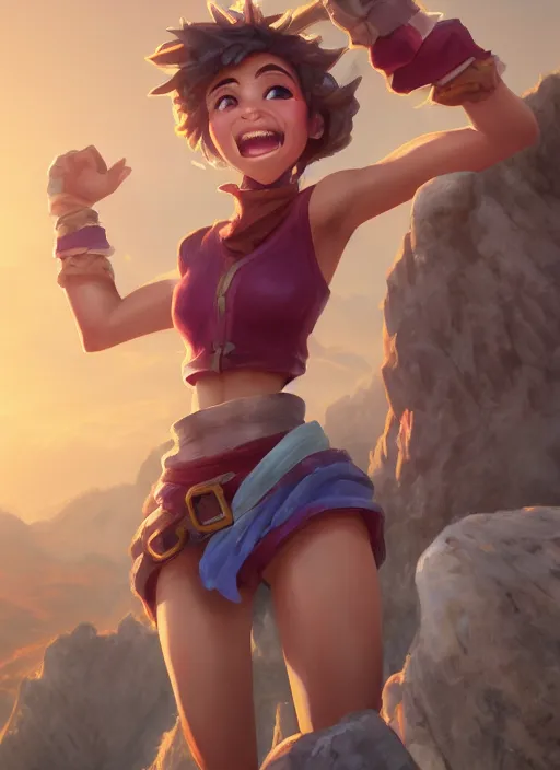 Prompt: joyful taliyah, from league of legends, au naturel, with abs, rock climbing, hyper detailed, mountain background, digital art, trending in artstation, cinematic lighting, studio quality, smooth render, unreal engine 5 rendered, octane rendered, art style by klimt and nixeu and ian sprigger and wlop and krenz cushart