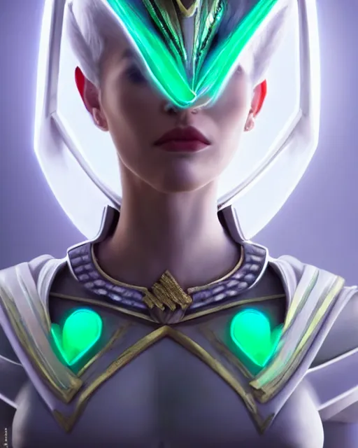 Image similar to perfect white haired attractive egyptian goddess, warframe armor, pharaoh headdress, beautiful, symmetric, dreamy, half asian, pretty face, green eyes, charlize theron, detailed, scifi platform, laboratory, experiment, 4 k, ultra realistic, epic lighting, android body, illuminated, cinematic, masterpiece, art by akihito tsukushi, voidstar