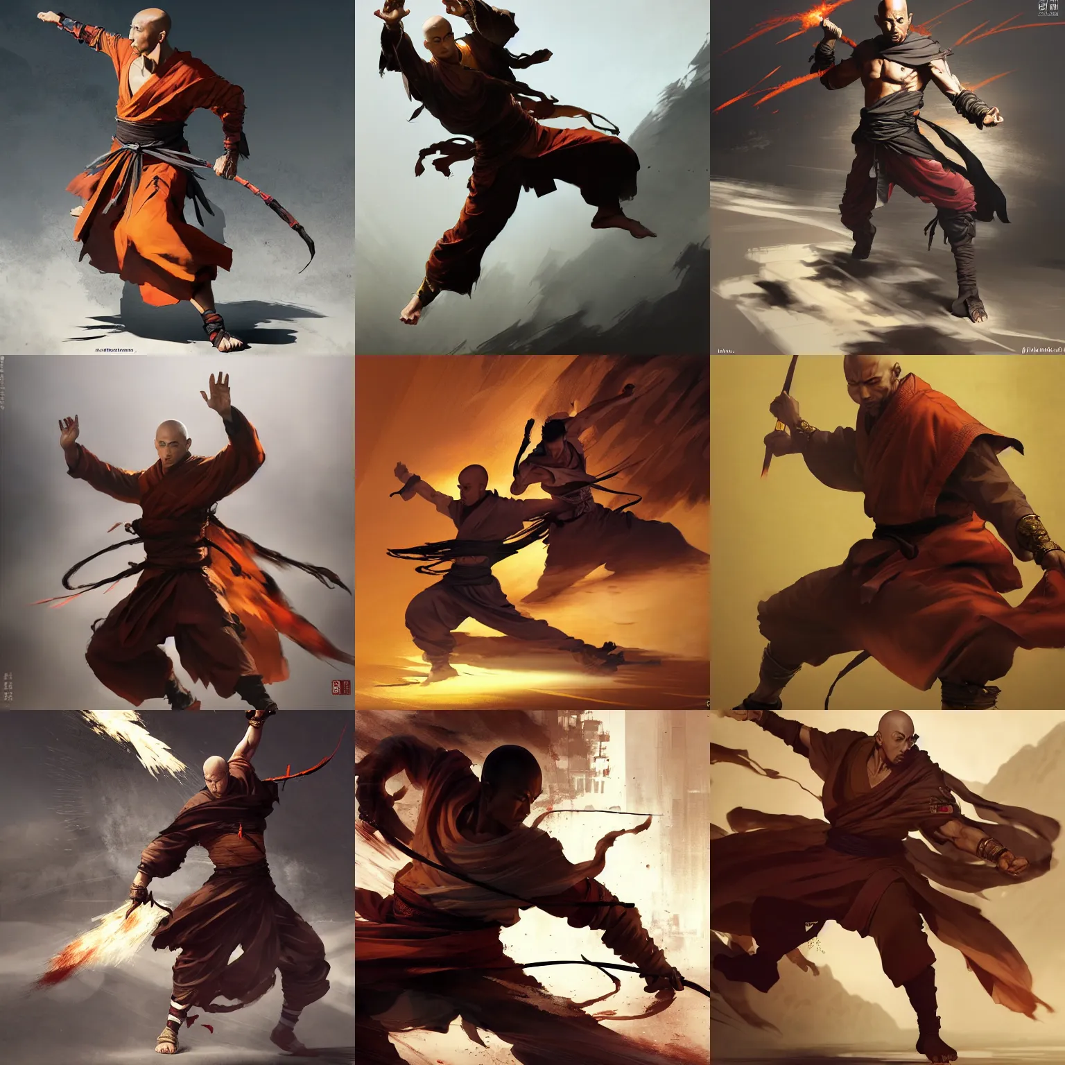 Prompt: Epic action scene, Concept art of a monk earthbending, full body wuxia, shaolin martial arts by Akihito Yoshitomi AND Yoji Shinkawa AND Greg Rutkowski, Mark Arian trending on artstation, 4k