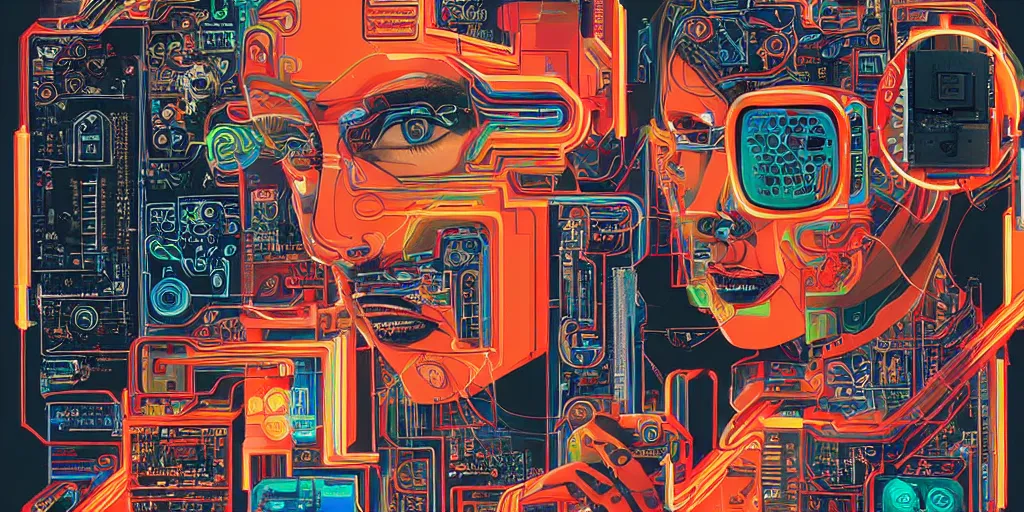 Image similar to portrait of computer & circuits, 8 k, by tristan eaton, trending on deviantart, face enhance, hyper detailed, minimalist, cybernetic, android, blade runner, full of colour, super detailed