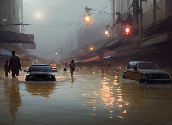 Image similar to cars driving through shallow water, flooded city, people walking through shallow water, muted colors, hyperrealistic, oil painting, intricate, cgsociety, artstation, 8 k, cinematic, soft lighting, by greg rutkowski, by wlop, by artgerm