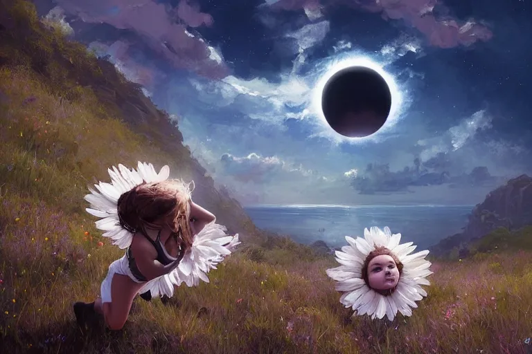 Prompt: giant white daisy flower crown on face, girl dancing on cliff, surreal photography, solar eclipse, milky way, dramatic light, impressionist painting, clouds, digital painting, artstation, james gilleard, liam wong, jeremy mann, simon stalenhag