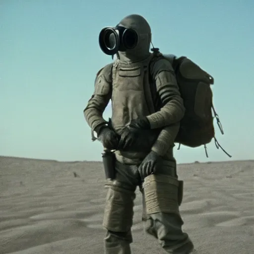 Image similar to a heavily armored man wearing a gasmask walking through a desert, coral in background, film still, arriflex 3 5