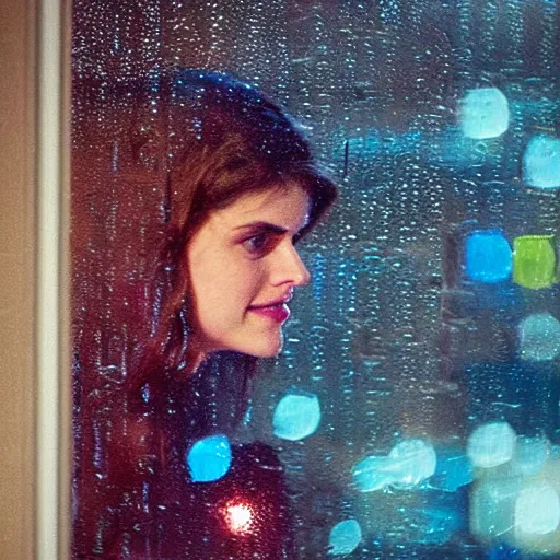 Prompt: alexandra daddario looking out a window on a rainy night, nighttime!, raining!!, colorful city light reflections!!