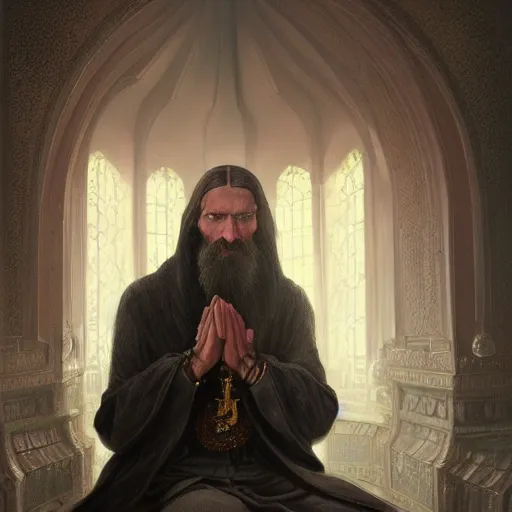 Image similar to portrait grigori rasputin praying in the mosque, wlop, james jean, tom bagshaw, rococo, trending on artstation, fantasy, intricate, elegant, highly detailed, digital painting, concept art, smooth, illustration, cinematic lighting, hyper realism, octane render, 8 k, hyper detailed.