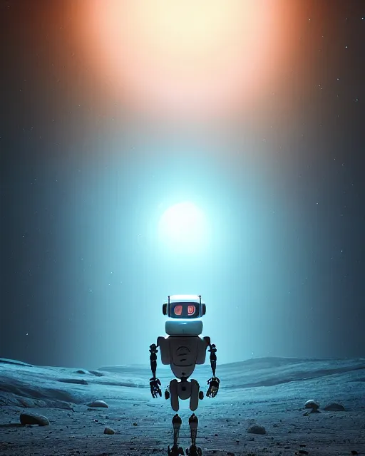 Image similar to a robot standing in front of a glowy open door that's on a barren moon, poster art by mike winkelmann, trending on cg society, space art, sci - fi, ue 5, futuristic, volumetric lighting, light casting onto the ground, neat composition and camera angle